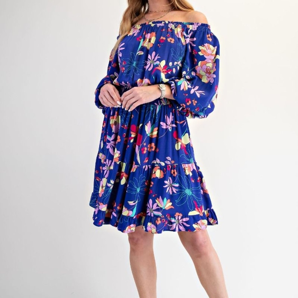 FLORAL PRINTED CHALLIS DRESS Royal Blue - Picture 3 of 6